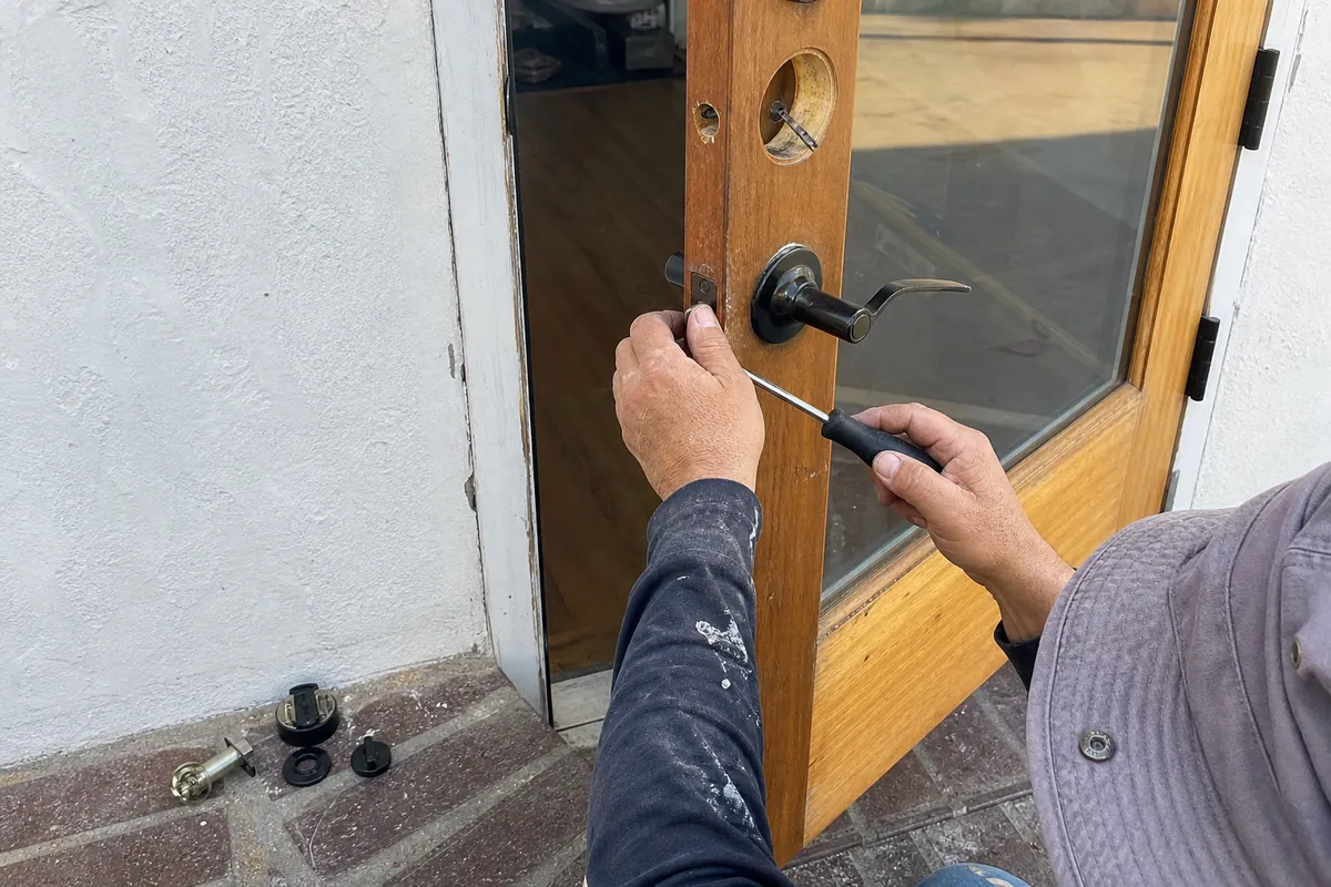 Handyman swapping the door handle and deadbolt on a small beachside office entry