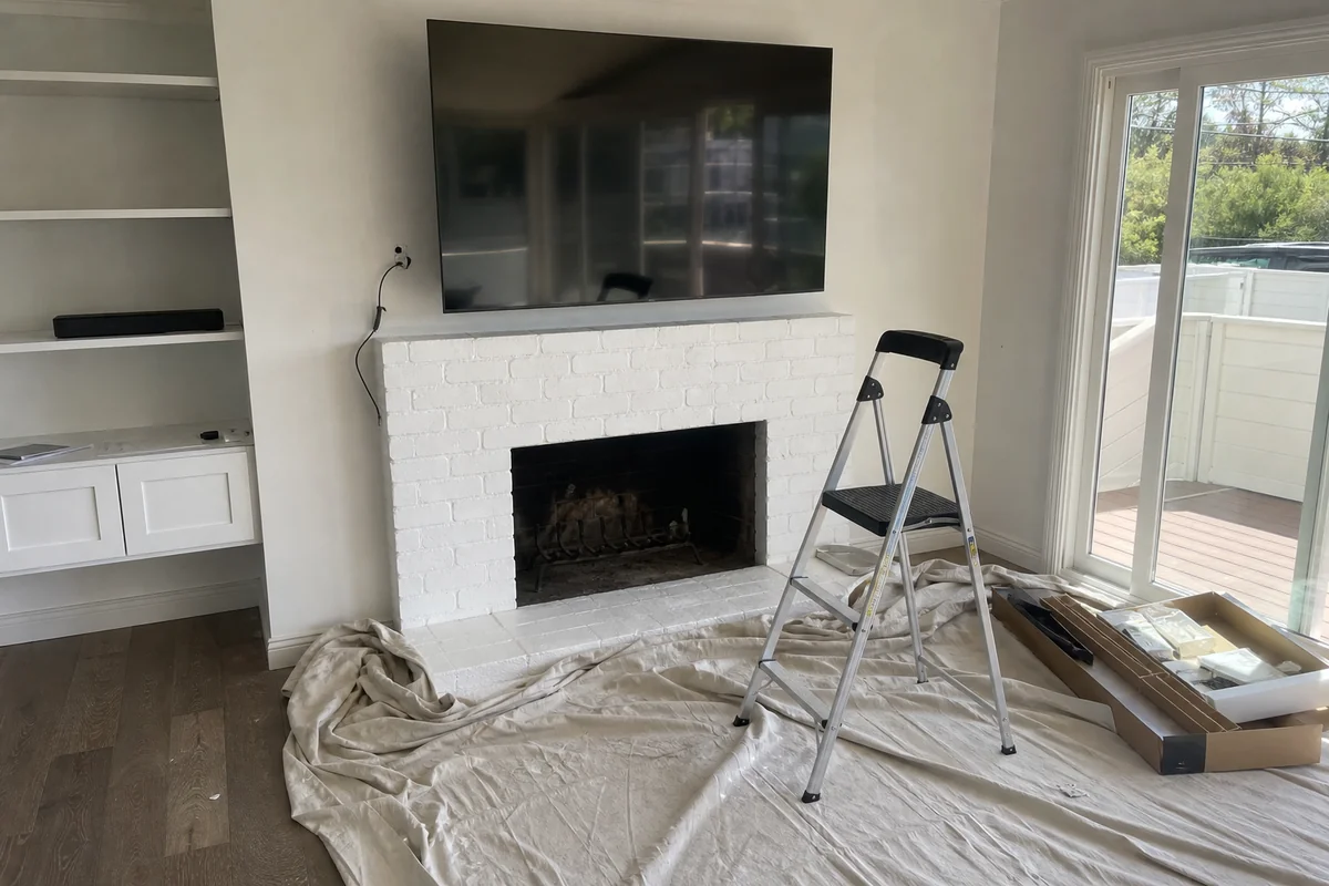 Living room with a newly mounted TV over the fireplace and a drop cloth still on the floor
